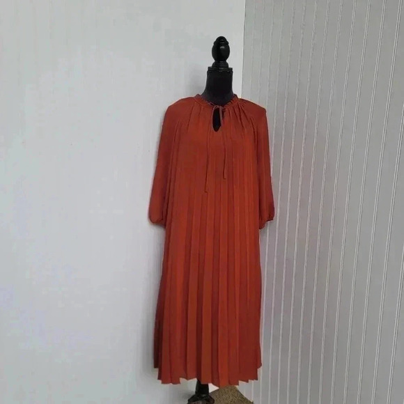 Nanette Lepore Womens Brown Pleated Belted V-Neck Long Sleeve A-Line Dress Sz 2 - Picture 1 of 12